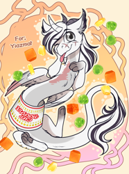 Size: 2240x3010 | Tagged: safe, artist:blackblood-queen, derpibooru import, oc, oc:yiazmat, draconequus, chibi, cup noodles, cute, draconequus oc, food, horns, male, noodles, paws, solo, tail