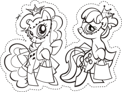 Size: 2629x2000 | Tagged: safe, derpibooru import, cheerilee, pinkie pie, earth pony, pony, .svg available, bag, bipedal, black and white, clothes, coloring page, crown, dotted line, duo, duo female, female, grayscale, jewelry, lidded eyes, mare, mask, monochrome, official, regalia, simple background, skirt, svg, transparent background, vector