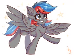 Size: 1600x1200 | Tagged: safe, artist:falafeljake, derpibooru import, oc, oc only, pegasus, pony, blushing, chest fluff, ear fluff, ears, eyebrows, eyebrows visible through hair, grin, happy, pegasus oc, raised hoof, raised leg, signature, simple background, smiling, solo, spread wings, white background, wings