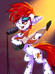 Size: 1200x1600 | Tagged: safe, artist:falafeljake, derpibooru import, oc, oc only, oc:cobalt, earth pony, pony, bipedal, commission, earth pony oc, eyebrows, eyebrows visible through hair, glasses, guitar, microphone, musical instrument, open mouth, signature, solo