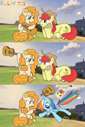 Size: 1360x2013 | Tagged: safe, derpibooru import, bright mac, pear butter, rainbow dash, earth pony, pegasus, pony, /mlp/ tf2 general, 3 panel comic, comic, engineer, guitar, hat, killfeed, marevest, musical instrument, prank, spy, team fortress 2, text