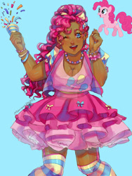 Size: 750x1000 | Tagged: safe, artist:mariam246810, derpibooru import, pinkie pie, earth pony, human, pony, alternate hairstyle, blue background, blushing, bow, bracelet, clothes, dark skin, deviantart watermark, ear piercing, earring, female, hair bow, humanized, jewelry, mare, nail polish, necklace, obtrusive watermark, one eye closed, party popper, piercing, simple background, skirt, socks, solo, striped socks, tanktop, vest, watermark, wink