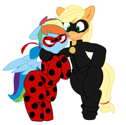 Size: 3583x3554 | Tagged: safe, artist:pabbley, color edit, derpibooru import, edit, applejack, rainbow dash, earth pony, pegasus, pony, semi-anthro, g4, angry, bipedal, chat noir, clothes, colored, cosplay, costume, duo, ears, female, floppy ears, freckles, grin, hoof on shoulder, human shoulders, ladybug (miraculous ladybug), mare, miraculous ladybug, rainbow dash is not amused, simple background, smiling, unamused, white background