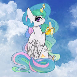 Size: 800x800 | Tagged: safe, artist:lailyren, derpibooru import, princess celestia, alicorn, pony, banana, bananalestia, female, food, levitation, looking at you, looking back, looking back at you, magic, mare, solo, telekinesis