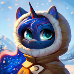 Size: 768x768 | Tagged: safe, ai content, derpibooru import, generator:pony diffusion v5, generator:stable diffusion, machine learning generated, princess luna, semi-anthro, big eyes, bust, clothes, cute, portrait, smiling, solo, winter outfit