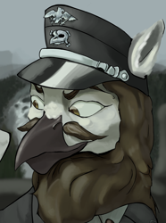 Size: 2184x2940 | Tagged: safe, artist:fly over, derpibooru import, oc, griffon, equestria at war mod, beard, bust, cap, clothes, facial hair, fog, griffon oc, hat, looking away, male, moustache, portrait, smiling, smirk, uniform