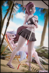 Size: 2560x3840 | Tagged: safe, artist:steamyart, derpibooru import, oc, oc:raspberry glaze, oc:steamy, anthro, earth pony, plantigrade anthro, unicorn, beach, beach chair, belly button, blind, blind oc, chair, clothes, horn, sitting, skirt, tree, unicorn oc