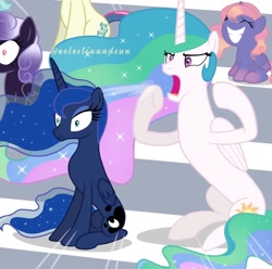 Size: 1080x1072 | Tagged: safe, alternate version, artist:thesunalicorn, derpibooru import, bon bon, princess celestia, princess luna, sweetie drops, oc, oc:night sky, oc:princess ivy, alicorn, earth pony, 2 4 6 greaaat, alicorn oc, alternate versions at source, angry, concave belly, earth pony oc, ethereal mane, eyeshadow, female, filly, foal, folded wings, height difference, horn, makeup, mare, parent:oc:lilac moon rose, parent:princess luna, royal sisters, siblings, signature, sisters, sitting, slim, thin, wings, yelling