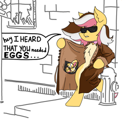 Size: 3508x3508 | Tagged: safe, artist:ponny, derpibooru import, oc, oc only, oc:neapolitan sunrise, pegasus, clothes, coat, colored, egg, simple background, solo, speech bubble, sunglasses, text, white background