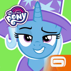 Size: 512x512 | Tagged: safe, derpibooru import, trixie, pony, unicorn, g4, app icon, clothes, female, gameloft, green background, hat, mare, my little pony logo, my little pony: magic princess, official, simple background, solo, trixie's hat