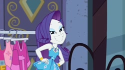 Size: 1488x837 | Tagged: safe, derpibooru import, screencap, rarity, human, better together, equestria girls, street chic, big smile, humanized, rarity peplum dress, series, smiling, solo