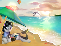 Size: 6000x4500 | Tagged: safe, artist:appleneedle, derpibooru import, oc, dolphin, orca, orca pony, original species, pony, whale, balloon, beach, coconut, coctail, commission, digital art, food, ocean, seashell, summer, sunset, umbrella, vacation, water