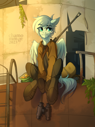 Size: 1920x2560 | Tagged: safe, artist:chamommile, derpibooru import, oc, oc only, oc:polar vortex, original species, pegasus, pony, fallout equestria, ammunition, armor, blue eyes, blue skin, clothes, commission, fallout, fallout: new vegas, female, full body, gun, looking back, pegasus oc, perching, rifle, sitting, sniper, sniper rifle, solo, uniform, weapon, white hair, white mane, ych result