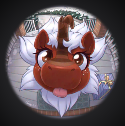 Size: 2692x2718 | Tagged: safe, artist:dandy, derpibooru import, oc, oc only, oc:maple cakes, kirin, :p, artfight, doorway, female, fisheye lens, horn, kirin oc, looking at you, present, snoot, snow, solo, tongue, tongue out, vignette