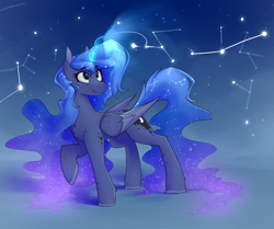 Size: 5320x4456 | Tagged: safe, artist:renderpoint, derpibooru import, princess luna, alicorn, pony, g4, absurd resolution, blue eyes, blue mane, blue tail, coat markings, colored wings, concave belly, constellation, cute, dappled, digital art, ethereal mane, ethereal tail, female, flowing mane, folded wings, glowing, glowing horn, hair physics, happy, head turn, high res, hooves, horn, long mane, long tail, looking up, magic, mane physics, mare, night, raised hoof, raised leg, slim, smiling, solo, standing, starry mane, starry tail, stars, tail, tail physics, thin, two toned wings, walking, wings