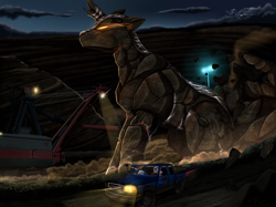 Size: 4458x3335 | Tagged: safe, artist:pridark, derpibooru import, oc, oc only, kirin, cloud, commission, driving, glowing, glowing eyes, golem, high res, jeep, lights, night, outdoors, rock, sitting, sky