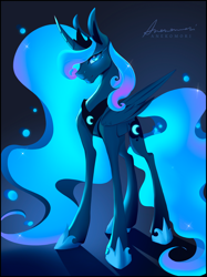 Size: 2048x2732 | Tagged: safe, artist:anekomori, derpibooru import, princess luna, alicorn, pony, g4, blue background, blue eyes, blue mane, crown, curved horn, digital art, ethereal mane, ethereal tail, eyelashes, feather, female, flowing mane, flowing tail, folded wings, glowing, glowing eyes, happy, high res, hoof shoes, horn, jewelry, mare, night, peytral, regalia, signature, simple background, smiling, solo, starry mane, starry tail, tail, wings