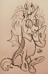 Size: 2601x3988 | Tagged: safe, artist:dsstoner, oc, oc only, changeling, insect, changeling oc, clothes, glasses, piercing, ponysona, solo, species swap, traditional art