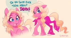 Size: 2957x1593 | Tagged: safe, artist:imalou, derpibooru import, earth pony, pony, barbie, barbie (film), clothes, cowboy hat, eyebrows, eyebrows visible through hair, hat, ponified, smiling, solo, species swap, speech bubble, unshorn fetlocks