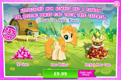 Size: 1958x1300 | Tagged: safe, derpibooru import, pear butter, earth pony, pony, advertisement, apple, cake, costs real money, english, female, flower, flower in hair, food, gameloft, gem, implied apple bloom, implied applejack, mare, mobile game, my little pony: magic princess, numbers, official, pear, sale, solo, text
