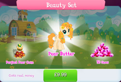 Size: 1267x858 | Tagged: safe, derpibooru import, pear butter, earth pony, pony, apple, bundle, cake, costs real money, english, female, flower, flower in hair, food, gameloft, gem, implied apple bloom, implied applejack, mare, mobile game, my little pony: magic princess, numbers, official, pear, sale, solo, text