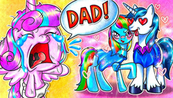 Size: 686x386 | Tagged: safe, artist:annie korea, derpibooru import, princess flurry heart, rainbow dash, shining armor, alicorn, pegasus, pony, unicorn, baby, baby pony, clothes, crying, diaper, dress, elsagate, father and child, father and daughter, female, heart, heart eyes, infidelity, male, mare, parent and child, rainbow dash always dresses in style, sad, shiningdash, shipping, speech bubble, stallion, straight, tongue, tongue out, unshorn fetlocks, wat, wingding eyes, youtube link