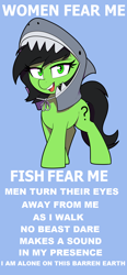 Size: 700x1505 | Tagged: safe, artist:thebatfang, edit, ponerpics import, oc, oc:anon filly, earth pony, pony, female, filly, foal, looking at you, meme, open mouth, shark costume, simple background