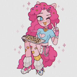 Size: 1500x1500 | Tagged: safe, artist:michoobun, derpibooru import, pinkie pie, human, alternate hairstyle, bandaid, belly button, boob window, chains, clothes, collar, converse, cookie, cute, diapinkes, eared humanization, female, fingerless gloves, food, gloves, humanized, leg warmers, midriff, nail polish, one eye closed, open mouth, oven mitts, pony coloring, shoes, short shirt, shorts, simple background, socks, solo, tail, tailed humanization, tray, white background, wink