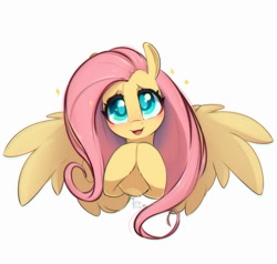 Size: 1000x952 | Tagged: safe, artist:inkypuso, derpibooru import, fluttershy, pegasus, pony, blushing, bust, colored pupils, cute, female, full face view, head tilt, hooves together, looking at you, mare, open mouth, open smile, shyabetes, signature, simple background, smiling, smiling at you, solo, sparkles, spread wings, white background, wings