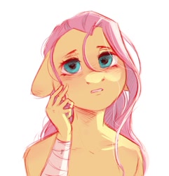 Size: 906x941 | Tagged: safe, artist:melodylibris, derpibooru import, part of a series, part of a set, fluttershy, anthro, pegasus, bandage, bare shoulder portrait, bare shoulders, blushing, bust, ears, female, floppy ears, looking at you, mare, portrait, self harm, simple background, solo, white background