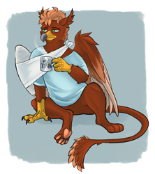 Size: 2659x2990 | Tagged: safe, artist:jeshh, derpibooru import, oc, oc only, oc:pavlos, griffon, bandage, broken bone, broken wing, cast, claws, clothes, coffee, colored background, colored wings, eared griffon, folded wings, griffon oc, injured, pajamas, paw pads, paws, shirt, simple background, sleepy, sling, solo, tired, toe beans, underpaw, wing fluff, wings