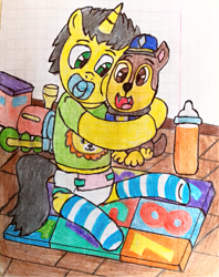 Size: 3052x3863 | Tagged: safe, artist:bitter sweetness, derpibooru import, oc, oc only, oc:bitter sweetness, unicorn, abdl, adult foal, baby bottle, chase (paw patrol), clothes, diaper, diaper fetish, fetish, graph paper, green eyes, horn, hug, male, non-baby in diaper, open mouth, pacifier, paw patrol, playmat, socks, striped socks, toy, traditional art, wooden floor