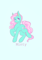 Size: 1462x2048 | Tagged: safe, artist:mscolorsplash, derpibooru import, minty, earth pony, pony, g3, blue background, female, heart, heart eyes, mare, name, simple background, smiling, solo, tongue, tongue out, wingding eyes