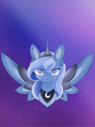 Size: 2980x3975 | Tagged: safe, artist:sodapop sprays, derpibooru import, princess luna, alicorn, pony, alternate hairstyle, blushing, bust, chest fluff, colored ear fluff, commission, ear fluff, ears, eye clipping through hair, eyebrows, eyebrows visible through hair, gradient background, jewelry, looking at you, pale belly, regalia, solo, spread wings, stars, wings, ych result