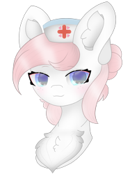 Size: 1750x2334 | Tagged: safe, artist:sodapop sprays, derpibooru import, nurse redheart, earth pony, pony, alternate hairstyle, bust, chest fluff, commission, ear fluff, ears, happy, looking at you, nurse, simple background, solo, transparent background, ych result