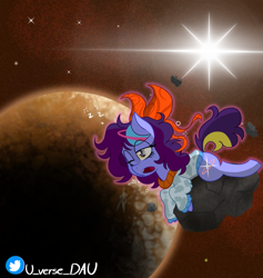 Size: 2355x2487 | Tagged: safe, artist:tenebrarumeques, derpibooru import, oc, oc:juniverse, earth pony, pony, asteroid, background, galaxy, morning, planet, sleepy, solar system, solo, space, space pony, stars, sun, universedaughter, venus, yawn