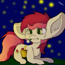 Size: 1500x1500 | Tagged: safe, artist:ilikeluna, derpibooru import, roseluck, earth pony, pony, basket, big ears, cute, cuteluck, ears, female, flower, mare, mouth hold, night, signature, starry night