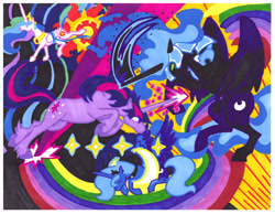 Size: 3384x2624 | Tagged: safe, artist:foldawaywings, derpibooru import, nightmare moon, princess celestia, princess luna, twilight sparkle, unicorn twilight, alicorn, pony, unicorn, abstract background, charge, ethereal mane, female, fight, magic, mare, marker drawing, realistic anatomy, realistic horse legs, traditional art, unshorn fetlocks, white eyes