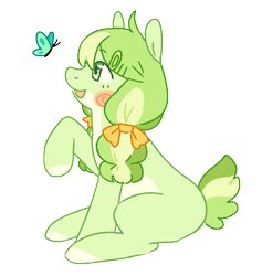 Size: 689x726 | Tagged: safe, artist:beetlepaws, derpibooru import, oc, oc only, oc:polliwog, butterfly, earth pony, pony, bow, female, filly, foal, green, green eyes, green hair, green mane, hair bow, hairclip, open mouth, pigtails, raised hoof, raised leg, short tail, simple background, sitting, smiling, solo, tail, transparent background