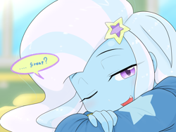 Size: 2224x1668 | Tagged: safe, artist:batipin, derpibooru import, trixie, human, equestria girls, lidded eyes, looking at you, one eye closed, open mouth, open smile, question mark, smiling, talking to viewer