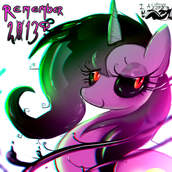 Size: 1024x1024 | Tagged: safe, artist:enderryy, derpibooru import, oc, oc only, pony, unicorn, black sclera, bust, digital art, edgy, eyelashes, female, feral, lidded eyes, looking at you, looking back, mare, nostalgia, red eyes, simple background, smiling, solo, text, three quarter view