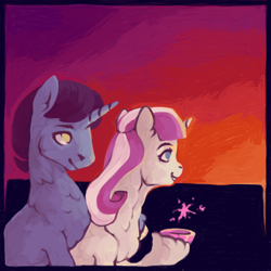 Size: 2000x2000 | Tagged: safe, artist:buttersflutterscotch, derpibooru import, night light, twilight velvet, pony, unicorn, duo, female, grin, high res, male, mare, smiling, stallion