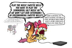 Size: 2874x1932 | Tagged: safe, artist:punkittdev, derpibooru import, apple bloom, scootaloo, sweetie belle, earth pony, pegasus, pony, unicorn, computer, controller, cutie mark crusaders, dialogue, female, filly, foal, game console, open mouth, panicking, playstation, playstation 2, simple background, speech bubble, trio, white background