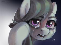 Size: 968x716 | Tagged: safe, alternate version, artist:jewellier, derpibooru import, marble pie, earth pony, pony, bust, crying, female, gradient background, hoof in mane, hoof on head, looking at you, looking back, marble pie is not amused, mare, open mouth, portrait, solo, teardrop, teary eyes, three quarter view, unamused