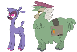 Size: 3200x2150 | Tagged: safe, artist:nonameorous, derpibooru import, oc, oc only, oc:parsley (tfh), sheep, them's fightin' herds, bag, beret, cloven hooves, community related, duo, hat, looking up, male, monocle, ram, simple background, standing, white background