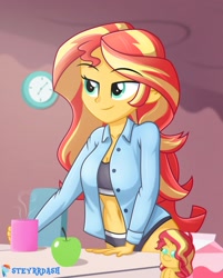 Size: 1115x1390 | Tagged: safe, artist:steyrrdash, derpibooru import, sunset shimmer, human, equestria girls, apple, belly button, bra, breasts, cleavage, clock, clothes, coffee mug, female, food, midriff, morning, mug, panties, plushie, shirt, smiling, solo, unbuttoned, underwear