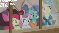 Size: 2000x1125 | Tagged: safe, derpibooru import, edit, edited screencap, editor:quoterific, screencap, apple bloom, mrs. paleo, sweetie belle, the fault in our cutie marks, lamp, mr. paleo, sofa, window