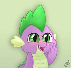 Size: 1050x1000 | Tagged: safe, artist:cobaltskies002, derpibooru import, spike, dragon, blushing, cute, fangs, happy, male, open mouth, open smile, peace sign, smiling, solo, spikabetes