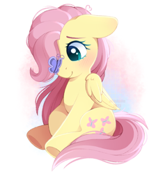 Size: 1770x1895 | Tagged: safe, artist:adostume, derpibooru import, fluttershy, butterfly, pegasus, pony, blushing, butterfly on nose, cute, ears, eyebrows, female, floppy ears, folded wings, high res, insect on nose, long mane, looking at something, partial background, raised hoof, raised leg, shy, shyabetes, signature, simple background, sitting, smiling, solo, three quarter view, wings