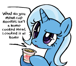 Size: 485x423 | Tagged: safe, artist:muffinz, derpibooru exclusive, derpibooru import, trixie, pony, cup noodles, female, food, mare, noodles, simple background, solo, white background